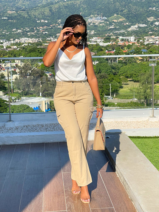 High Standards Wide Leg Cargo Jeans-Khaki