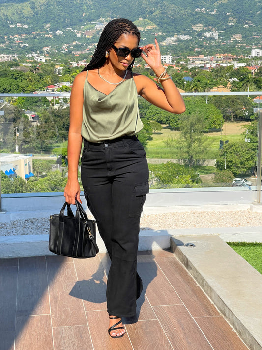 High Standards Wide Leg Cargo Jeans-Black