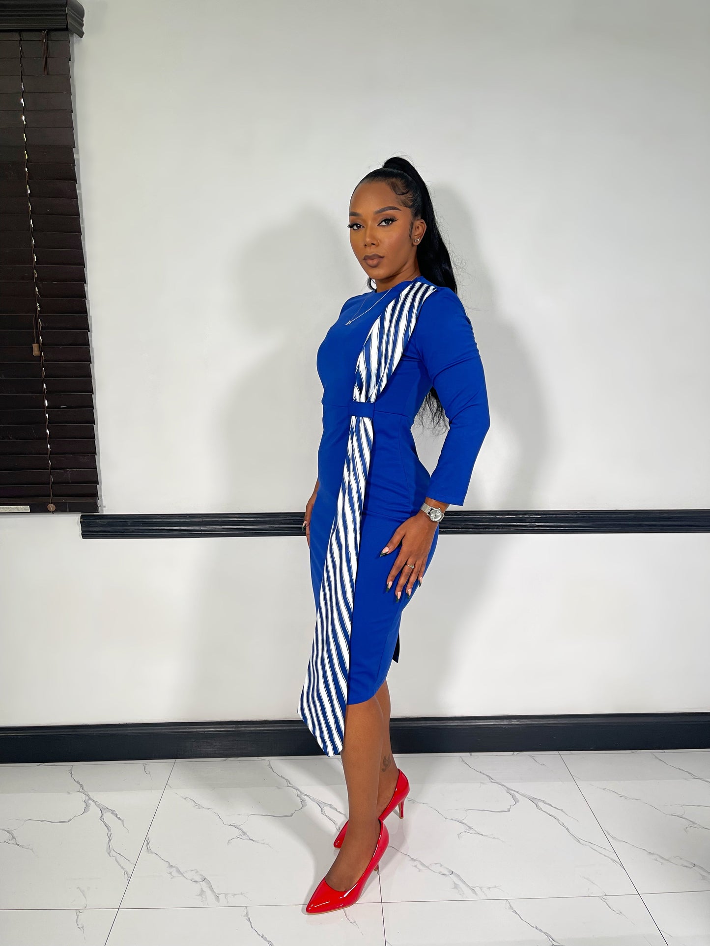 Corporate Charm Midi Dress-Dark Blue